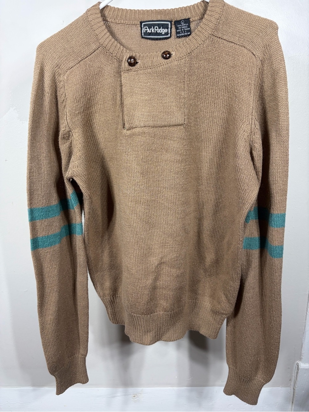 VTG Park Ridge Henley Sweater Tan Teal Striped Grandpa Knit Mens L‎ Retro